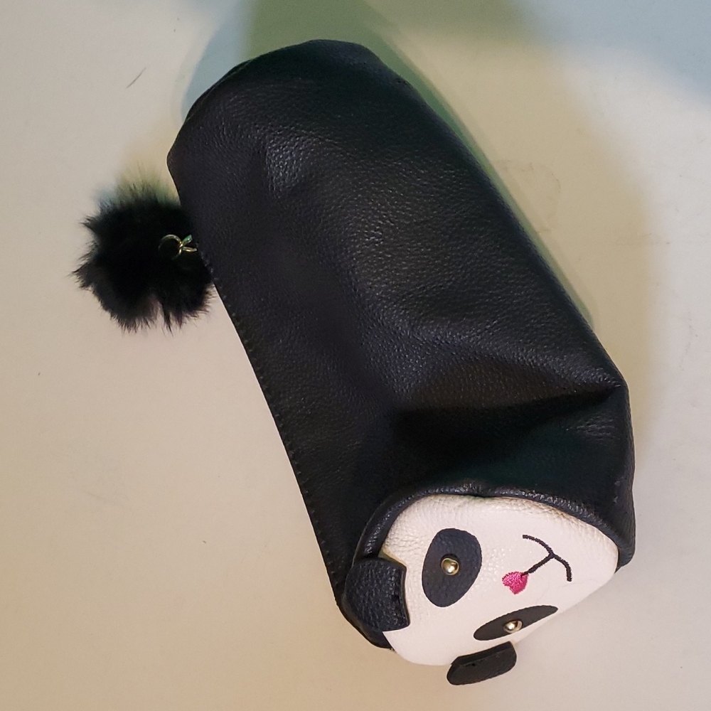 Betsey Johnson fux leatherpanda makeup case with pompom tail zipper